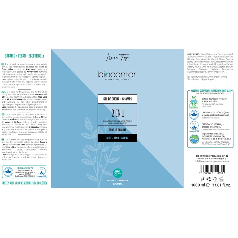 GEL DE DUCHA Y CHAMPÚ 2 EN 1 ECOLÓGICO - BIOCENTER TOP - ENVASE ECOFRIENDLY - Imagen 2